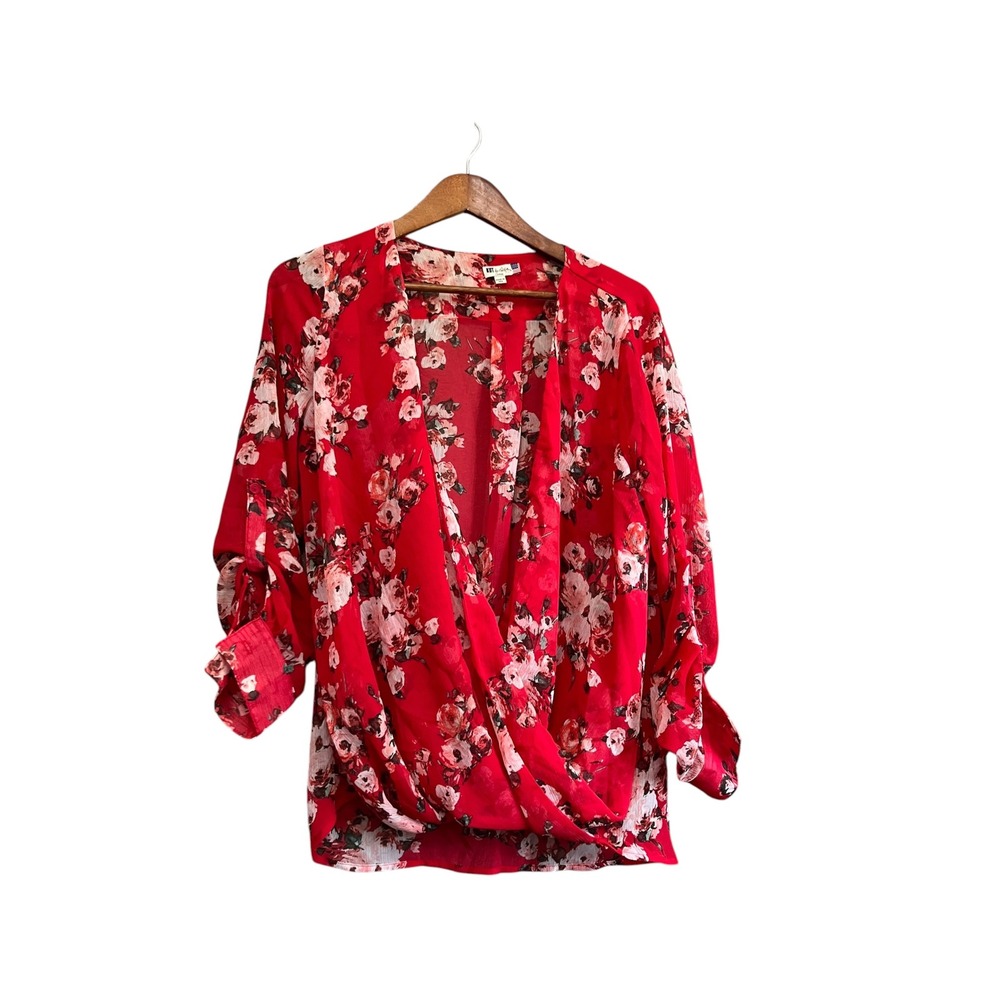 KUT from the Kloth Blouse Women Large Red Excellent Floral Surplice Roll Tab Top